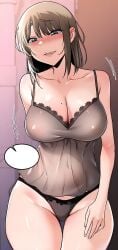 baengkki bare_arms bare_legs bare_shoulders bare_thighs black_eyes black_panties blush body_blush breasts cameltoe cleavage collarbone grey_hair huge_breasts indoors kim_goeun lace-trimmed_panties lingerie lipstick manhwa mature_female medium_hair milf milf_exchange_plan mole mole_on_breast mole_under_eye nightgown panties parted_lips pornhwa shiny_skin standing thick_thighs thighs underwear webtoon