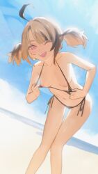 1girls ;d ahoge bare_arms bare_legs bare_shoulders beach bikini bikini_top_pull black_bikini blonde_hair breasts brown_hair day dutch_angle feet_out_of_frame female flashing gigi_murin highres hololive hololive_english hololive_english_-justice- horizon leaning_forward looking_at_viewer medium_hair multicolored_hair navel ndrph nipples open_mouth outdoors pink_eyes pulling_own_clothes side-tie_bikini_bottom small_breasts smile solo streaked_hair string_bikini swimsuit thigh_gap twintails two-tone_hair virtual_youtuber wink