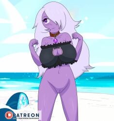 amethyst_(steven_universe) black_bra bottomless bottomless_female bra breasts cat_keyhole_bra cat_lingerie choker cleavage edit gem gem_(species) one_eye_covered purple_skin pussy raydonxd steven_universe vulva