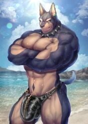 abs absurd_res anthro balls beach big_balls big_bulge big_muscles big_pecs black_body black_fur bulge canid canine canis clothed clothing collar crossed_arms detailed_bulge dobermann domestic_dog fetish_wear fur genital_outline genitals hi_res huge_muscles kemono looking_at_viewer male mammal muscular muscular_anthro muscular_arms muscular_male novelty_clothing partially_clothed pecs penis penis_base penis_outline pinscher pointy_ears seaside solo spiked_collar spikes thick_arms thick_thighs topless yukihoshiak zipper