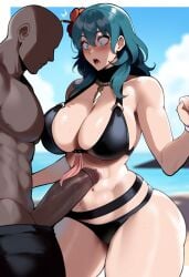 1boy 1boy1girl ai_generated ass bald_man beach big_ass big_breasts big_penis black_bikini black_male_white_female blush blushing_at_partner byleth_(female)_(summer)_(fire_emblem) byleth_(fire_emblem) byleth_(fire_emblem)_(female) byleth_(summer)_(fire_emblem)_(female) child_bearing_hips dark-skinned_male dark_skin dat_ass day dragon_girl dragon_humanoid falling_in_love fat_ass female fire_emblem fire_emblem:_three_houses fire_emblem_heroes flower_in_hair green_eyes green_hair head_accessory huge_ass human human_female interracial large_ass large_breasts light-skinned_female light_skin long_hair male male/female manakete outdoors pawg penis_awe shocked surprised sweat thick thick_ass thick_thighs wide_hips yojorock