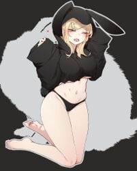 black_clothing black_hoodie blonde_female blonde_hair blush bottomless bunny_ears bunny_girl bunny_tail bunnysuit closed_eyes cropped_hoodie cute feet_up hoodie huge_breasts k0ng large_breasts light-skinned_female merc-san_(k0ng) oversized_clothes smile smiling stomach thighs thong