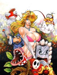 attraction big_breasts blonde_hair cheep_cheep crown ed_benes_studio ednardo_ferreira fit_female grey_gloves kamek lakitu looking_at_viewer mario_(series) pink_lingerie pink_panties piranha_plant princess_peach shy_guy solo_focus super_mario_bros. thwomp wiggler