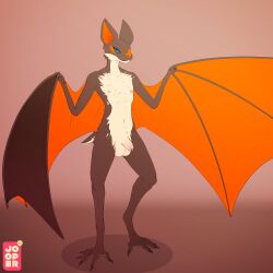 anthro apollo_(onlyprime223) balls bat_wings blue_eyes brown_body chiropteran countershading flaccid foreskin genitals hi_res humanoid_genitalia humanoid_penis jooper male mammal membrane_(anatomy) membranous_wings nipples orange_body orange_skin penis pose presenting solo standing wings