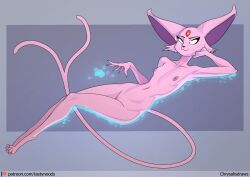 :3 anthro breasts chrysalisdraws eeveelution english_text espeon female genitals nintendo nude pokémon_(species) pokemon pussy small_breasts solo text url video_games