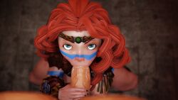 1boy 1girls 3d armor armwear barbarian blender brave breasts celtic clothing crisisbeat disney disney_princess female headwear high_resolution human long_hair male male/female manual merida oral pale_skin penis pixar pov princess_quest red_hair straight tagme unseen_male_face