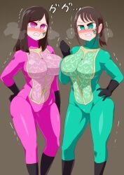 big_breasts black_hair blush brown_hair green_eyes green_suit mashin_sentai_kiramager otokam1117 pink_eyes pink_suit sayo_ooharu sena_hayami super_sentai