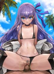 1boy absurdres bangs bare_shoulders bikini black_bikini black_jacket blue_eyes blue_sky blush breasts choker clenched_teeth collarbone cowgirl_position cowgirl_position fate/grand_order fate_(series) female highres jacket long_hair long_sleeves looking_at_viewer meltryllis_(fate) meltryllis_(swimsuit_lancer)_(fate) meltryllis_(swimsuit_lancer)_(first_ascension)_(fate) off_shoulder palm_tree penis prosthesis prosthetic_leg purple_hair pussy sex sky sleeves_past_fingers sleeves_past_wrists small_breasts solo_focus spread_legs sterben straddling straight swimsuit teeth thighs tree vaginal_penetration very_long_hair