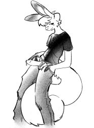 2021 anthro big_tail biped birdpaw_(artist) black_and_white black_clothing black_shirt black_t-shirt black_topwear bodily_fluids cheek_tuft clothed clothing digital_drawing_(artwork) digital_media_(artwork) facial_tuft genital_fluids genitals hair hi_res humanoid_genitalia humanoid_penis lagomorph leporid looking_aside maddie_(biggayrabbit) male mammal monochrome penis penis_through_fly poking_out precum rabbit shirt smile solo standing t-shirt topwear tuft