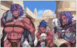 3girls 4futas abs big_ass big_breasts blue_hair blue_pubic_hair breast_strap bulge carrying carrying_over_shoulder carrying_person cleavage dark_elf drow elf forehead_horn fur_clothing futanari futasub grey-skinned_futanari grey_skin headlock huge_breasts kidnapping large_breasts larger_female mikoyan multiple_girls muscular muscular_arms muscular_female oni oni_female oni_horns ponytail pubic_hair_peek red-skinned_female red_horns red_skin scar_on_cheek slave_raid smaller_futanari struggling thighhighs thong white_hair