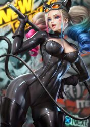 ann_takamaki atlus blonde_hair blue_eyes cameltoe catwoman_(cosplay) clothed cosplay dyed_hair edit gloves harley_quinn_(cosplay) large_breasts looking_at_viewer mask neoartcore nudtawut_thongmai persona persona_5 skin_tight slim_waist thick_thighs thigh_boots thighhighs whip wide_hips zipper