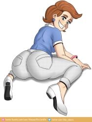 1girls big_ass big_butt blue_eyes bracelet brown_hair dinosaurbro earrings female female_only kneeling light-skinned_female looking_at_own_butt medium_hair smile smiling solo solo_female straight_hair the_fairly_oddparents timmy's_mom white_background