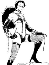 1boy black_and_white black_hair collar femboy gloves gyakuten_saiban heel_boots lingerie long_hair male_only ponytail shackles simon_blackquill solo solo_male white_strand_of_hair