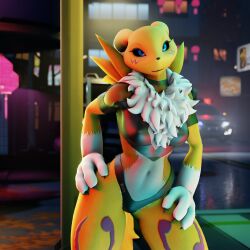 3d blender blue_eyes bunnysuit digimon digimon_(species) female female_focus female_only fur furry illarts latex latex_suit looking_at_viewer panties renamon renamon_(warfaremchine) standing yellow_body yellow_fur