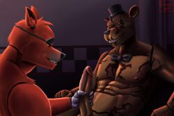 animatronic anthro bara big_penis canid canine dim_lighting duo five_nights_at_freddy's five_nights_at_freddy's_4 fox foxy_(fnaf) gay genitals handjob hermesdidit looking_at_another looking_at_partner machine male male/male male_only mammal muscular nightmare_freddy penile penis robot scottgames sex sitting smile ursid video_games