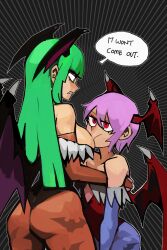 2022 2girls 33dot bat_wings capcom clothing darkstalkers female_only green_hair lilith_aensland medium_breasts monster_girl morrigan_aensland multiple_girls nipple_suck pink_hair sisters succubi succubus succubus_costume succubus_wings tagme vampire yuri