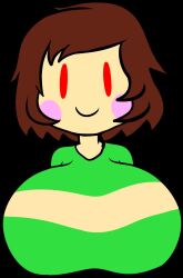 big_breasts black_background breasts brown_hair chara clothed clothing female female_only green_shirt hi_res high_quality jpeg large_breasts looking_at_viewer mob_face no_text pink_cheeks red_eyes smile solo staring staring_at_viewer undertale undertale_(series) vile_eyes