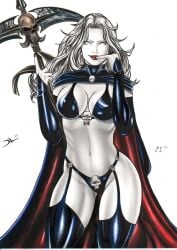 big_breasts bra chaos_comics ed_benes_studio finger_in_mouth fit_female frank_lima gloves lady_death latex_suit long_hair queen_of_the_dead seductive seductive_eyes seductive_look skin_tight thong white_hair