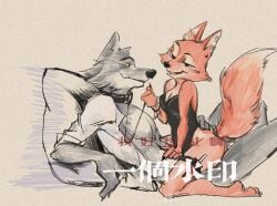 2022 anthro bedroom_eyes canid canine canis clothed clothing cowgirl_position diane_foxington distracting_watermark dominant dominant_female dreamworks duo eye_contact female fluffy fluffy_tail fox fur grey_body grey_fur hi_res knife leash leashed_male lingerie looking_at_another male male/female mammal mr._wolf_(the_bad_guys) narrowed_eyes open_clothing open_shirt open_topwear orange_body orange_fur pillow seductive shirt simple_background straddling submissive submissive_male teddy_(clothing) the_bad_guys topwear wangchuanchuan watermark wolf