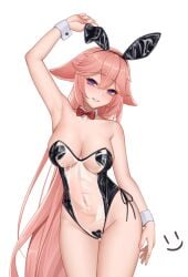 2d animal_ears arm_up bow bowtie breasts bunny_ears bunnysuit contrapposto covered_navel detached_collar fake_animal_ears female female_only fox_ears genshin_impact groin heart_maebari heart_pasties large_breasts leotard light-skinned_female light_skin long_hair maebari nail_polish pale-skinned_female pale_skin parted_lips pasties pink_hair pink_nails playboy_bunny purple_eyes rabbit_ears red_bow red_bowtie simple_background solid_color_background solo thigh_gap translucent_bunnysuit transparent_bunnysuit very_long_hair watermark wei_xiao white_background wrist_cuffs yae_miko