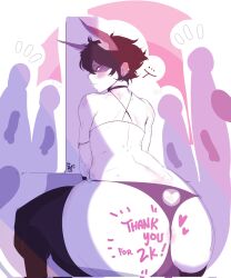 ... ass black_hair black_legwear blush ear_piercing giga-jun leggings looking_back milestone_celebration panties people_in_background pink_eyes rabbit_ears speech_bubble thong white_body writing_on_ass