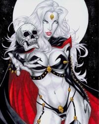 1girls big_breasts bindi chaos_comics coffin_comics death_(personification) dominant_female ed_benes_studio grim_reaper lady_death latex_gloves latex_legwear latex_suit latex_thighhighs long_hair queen_of_the_dead rudimar_patrocinio skull_earrings skull_ornament solo_female solo_focus tagme white_hair white_skin