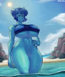 1girls 2022 athletic_female big_breasts big_hips blue_hair blue_skin bottomless breasts clothed clothing crysskail detailed_background female female_only humanoid lapis_lazuli_(steven_universe) mostly_nude nipple_bulge outdoors outside partially_submerged pussy pussy_juice short_hair solo standing steven_universe sweat thick_thighs underboob water wet wide_hips