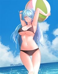 1girls armpits arms_up beach_ball belly_button big_breasts bikini black_bikini blue_hair dragon_girl elira_pendora eye_behind_hair heterochromia karasawamiko long_hair midriff navel nijisanji nijisanji_en one_eye_obstructed sea swimsuit swimwear virtual_youtuber water