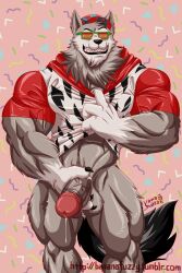 2017 anthro balls biceps big_muscles biped bodily_fluids bottomless canid canine canis claws clothed clothing digital_media_(artwork) erection eyebrows eyewear fur genital_fluids genitals hat headgear headwear hi_res holding_penis humanoid_genitalia humanoid_penis kyuuhari male male_only mammal mascot muscular muscular_anthro muscular_male muscular_thighs old_spice pecs penis precum quads shirt smile solo sunglasses teeth text thick_thighs tight_clothing tight_shirt tight_topwear topwear url vein veiny_penis wolf wolfthorn_(old_spice)