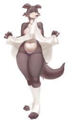 absurd_res anthro barely_visible_genitalia barely_visible_pussy beastars belly bottomwear breasts brown_body brown_fur canid canine canis clothed clothing clothing_lift digital_media_(artwork) feet female fingers footwear full-length_portrait fur genitals hi_res holding_clothing holding_object juno_(beastars) knee_highs knee_socks legwear looking_at_viewer mammal nipples nude panties pinup portrait pose presenting pulred pussy pussy_peek raised_bottomwear raised_clothing raised_skirt simple_background skirt skirt_lift smile socks solo standing thick_thighs underwear wolf