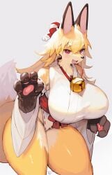 2022 4_fingers accessory anthro asian_clothing big_breasts black_nose blonde_hair blush breasts brown_body brown_eyes brown_fur canid canine claws clothing cute_fangs digital_media_(artwork) dipstick_ears dipstick_tail east_asian_clothing female female_anthro finger_claws fingers fox fur furry gloves_(marking) hair hair_accessory hi_res high_cut_miko_outfit huge_breasts japanese_clothing kemono kishibe leotard looking_at_viewer mammal markings miko_outfit multicolored_body multicolored_ears multicolored_fur multicolored_tail open_mouth pawpads portrait shrine_maiden solo tagme tail tail_markings thick_thighs three-quarter_portrait tongue white_body white_fur yellow_body yellow_fur