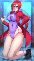 1girls 2021 blush boob_window breasts byakkun cameltoe coat commission creatures_(company) game_freak glasses leotard looking_at_viewer lorelei_(pokemon) lorelei_(pokemon_lgpe) nintendo pokeball pokemon pokemon_rgby purple_socks red_eyes red_hair shoes