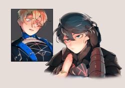 blowjob brushing_hair byebyefrog byleth_(fire_emblem) byleth_(fire_emblem)_(male) dimitri_alexandre_blaiddyd fellatio fire_emblem fire_emblem:_three_houses gay imminent_blowjob imminent_fellatio imminent_oral penis penis_out pubic_hair pushing_hair_back source_request yaoi