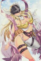 1girls angel angel_wings angewomon asymmetrical_clothes belt big_breasts blonde_hair breasts cleavage clothed delux digimon female female_only helmet hi_res long_hair ribbon skimpy smile solo solo_female wings