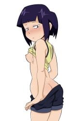 1girls ass blush breasts brown_eyes kyoka_jiro my_hero_academia pulling_down_pants purple_hair short_shorts sweatdrop tank_top tank_top_lift thrumbo white_background