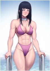 abs absurd_res big_breasts bikini bikini_bottom bikini_top black_hair breasts cleavage clothing female hyuuga_hinata looking_at_viewer medium_breasts muscles muscular muscular_arms muscular_female muscular_legs muscular_thighs naruto naruto_shippuden pink_bikini pool purple_eyes shy solo speedl00ver swimwear tagme wet