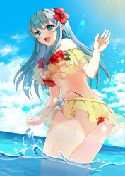 1girls :d absurdres aqua_hair ass bare_shoulders big_ass bikini bikini_skirt blue_eyes cowboy_shot eirika_(fire_emblem) eirika_(summer)_(fire_emblem) female female_only fire_emblem fire_emblem:_the_sacred_stones fire_emblem_heroes flower from_behind hair_flower hair_ornament halterneck hibiscus highleg highleg_bikini highleg_swimsuit highres layered_bikini looking_at_viewer looking_back microskirt nintendo off-shoulder_bikini off_shoulder official_alternate_costume open_mouth partially_submerged red_bikini red_swimsuit skirt smile string_bikini swimsuit tara_(szzj7733) two-tone_bikini two-tone_swimsuit yellow_bikini yellow_swimsuit