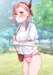 1girls bag bangs blush breasts embarrassed female female_only handbag hoge_(artist) human kaguya-sama_wa_kokurasetai_~tensai-tachi_no_renai_zunousen~ koyasu_tsubame large_breasts panties pink_hair purple_eyes solo underwear