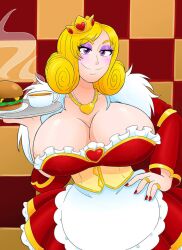 blonde_hair blush breasts burger cleavage crown elena_(kobi) food hand_on_hip hi_res huge_breasts jewelry kobi-tfs looking_at_viewer makeup purple_eyes queen royalty smiling_at_viewer