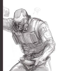 1boy clothed cum_drip eyes_closed gas_mask gay leaning_against_wall male_only masturbation military_uniform mute_(rainbow_six) orgasm pants_open rainbow_six rainbow_six_siege solo stroking_penis sweat