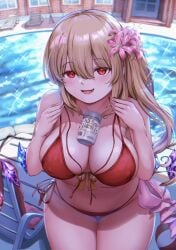 1girls aged_up alternate_breast_size big_breasts bikini blonde_hair blush fangs flandre_scarlet gem long_hair looking_at_viewer pool red_eyes sabakuomoto smile swimsuit touhou vampire wings