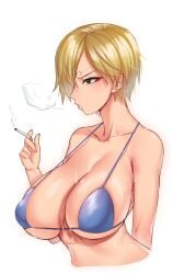 1girls anima_(togashi) big_breasts bikini blonde_hair breasts busty cigarette curvaceous curvy curvy_body curvy_female curvy_figure enormous_breasts female female_focus female_only genderswap_(mtf) huge_breasts large_breasts one_piece rule_63 short_hair smoking solo solo_female very_short_hair vinsmoke_sanji voluptuous