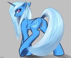 anus ass blue_body blue_hair blue_tail bodily_fluids cutie_mark equid equine female feral friendship_is_magic genital_fluids grey_background hair hasbro hi_res horn looking_back mammal my_little_pony pussy_juice raised_tail renarde-louvre simple_background solo trixie_(mlp) unicorn