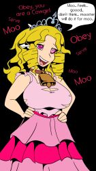 bell_collar blonde_hair brainwashing breast_expansion breasts caelia cow_girl cowbell drill_hair drool hands_on_hips happy_trance hi_res howlingmadfoxhatter hypnosis kaa_eyes large_breasts long_hair pink_eyes princess royalty text tiara torn_clothes