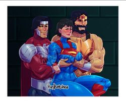 1girls 2boys abs amazonian aphrodite_(shuumatsu_no_valkyrie) big_ass big_breasts carrying_partner clara_kent dane_of_elsyum dc dc_comics earth_11 fat_ass funny huge_breasts humor kryptonian lowres meme muscular muscular_female muscular_male rule_63 rysketches servants_holding_aphrodite's_breasts_(meme) superhero superheroine superman_(series) superwoman wide_hips wonder_woman_(series) wonderous_man