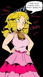 bell_collar big_breasts blonde_hair brainwashing breast_expansion breasts caelia cowbell drill_hair hands_on_hips hi_res howlingmadfoxhatter hypnosis long_hair pink_eyes princess royalty text tiara