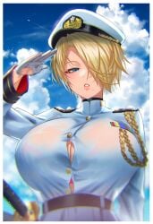 1girls anima_(togashi) big_breasts blonde_hair blue_eyes bra bra_peek bra_visible_through_clothes breasts busty curvaceous curvy curvy_body curvy_female curvy_figure enormous_breasts female female_focus female_only female_soldier huge_breasts large_breasts military military_uniform mole mole_under_mouth navy original original_character salute short_hair soldier solo solo_female voluptuous