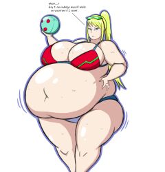 1girls bbw belly big_belly big_breasts bikini blonde_hair blue_eyes breasts cleavage fat female huge_belly large_breasts metroid mizz-britt overweight ponytail samus_aran solo_female sweat thick_thighs wide_hips