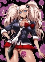 breasts cleavage danganronpa danganronpa:_trigger_happy_havoc danganronpa_1 female_only gggg junko_enoshima large_breasts microskirt miniskirt no_panties pussy skirt straight_hair tanned tanned_skin upskirt vagina