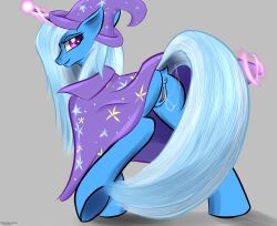 anus ass blue_body blue_hair blue_tail bodily_fluids cape clothing equid equine female feral friendship_is_magic genital_fluids glowing glowing_horn grey_background hair hasbro hat headgear headwear hi_res horn magic mammal my_little_pony pussy_juice raised_tail renarde-louvre simple_background solo trixie_(mlp) unicorn wizard_hat